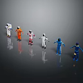 Men in Various Colored Spacesuits Standing on Gray Reflective Surface Area 3d model