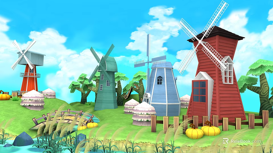 Vibrant Windmill Structures With Rotating Blades Wooden Roofs And Windows On Green Grass 3d model 