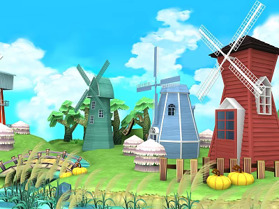 Vibrant Windmill Structures With Rotating Blades Wooden Roofs And Windows On Green Grass 3d model