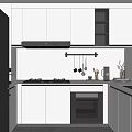 Modern Kitchen Interior With White Cabinets Black Appliances Gas Stove And Utensil Rack