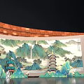 Traditional Chinese Landscape Painting With Mountains Pagoda Water Reflection And Wooden Ceiling