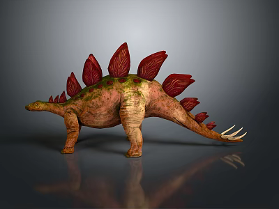 Realistic Stegosaurus Dinosaur With Red Plates Green Moss Gray Background And Reflective Ground 3d model