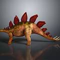Realistic Stegosaurus Dinosaur With Red Plates Green Moss Gray Background And Reflective Ground