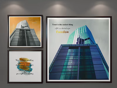 Modern Framed Landscape Paintings Featuring Tall Glass Buildings Inspirational Quotes And Black Frames 3d model