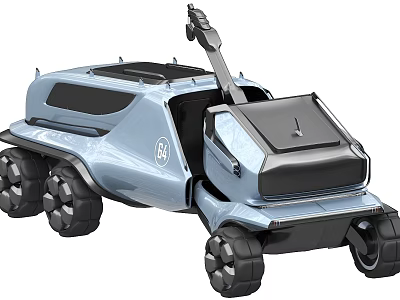 Light Blue Modern Utility Vehicle With Multiple Wheels Open Door And Roof Mechanical Arm 3d model