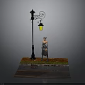 Decorative Street Lamp With Yellow Light And Standing Figure On Grass Base With Raindrops