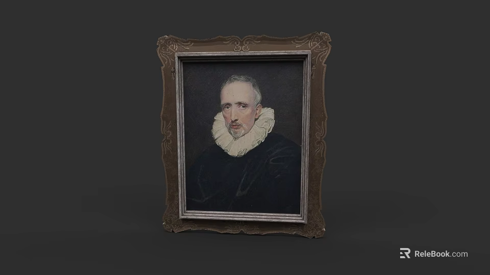 Photo Wall With Ornate Framed Portrait Of Man In Ruffled Collar And Black Attire 3d model 