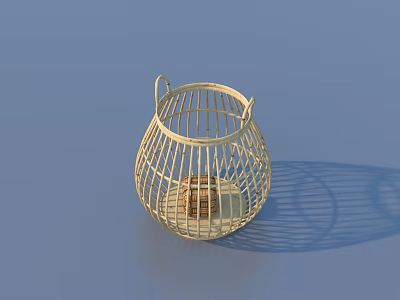 Bamboo Woven Birdcage as Decorative Daily Life Product with Small Item Inside on Blue Background 3d model