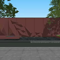 Modern Geometric Building Exterior Wall With Brown Textured Surface And Fountain Feature Surrounded By Trees