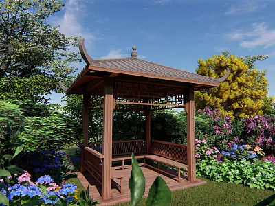 Traditional Chinese Style Pavilion In Garden With Lush Greenery And Colorful Flowers 3d model