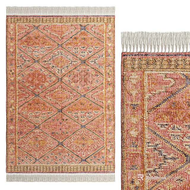 Square Rug With Geometric Diamond Pattern Pink Orange Blue Tones And Fringe Detail 3d model 