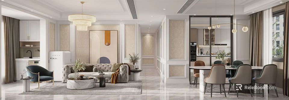 Modern Living And Dining Room Interior With Sofa Dining Table And Decor Elements 3d model