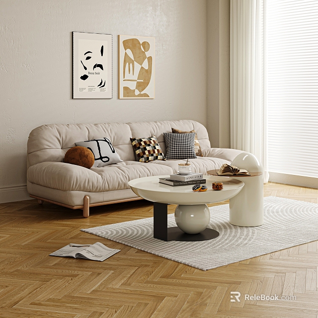Modern Two-Seater Sofa With Patterned Cushions Round Coffee Table And Abstract Paintings On Wooden Floor 3d model 