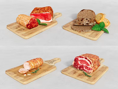 Assorted Meats And Bread Displayed On Wooden Cutting Boards With Herbs 3d model