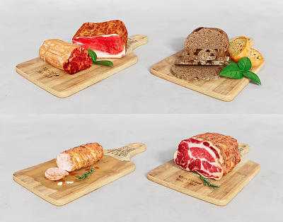Assorted Meats And Bread Displayed On Wooden Cutting Boards With Herbs 3d model