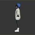 Child In Blue Hat With White Coat Striped Shirt Shorts And White Shoes