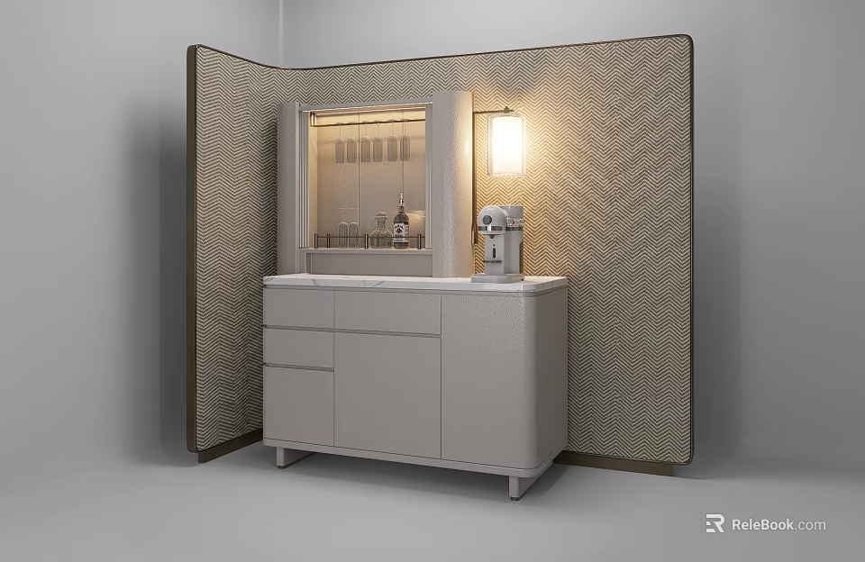Hotel Guest Room Mini Bar Cabinet With Coffee Machine And Woven Texture Wall Lighting 3d model 