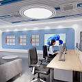 Modern School Office Space With Desks Computers Windows Circular Lights Blue Stripes And Sofa 3d model