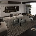 Modern Living Room With Light Colored Sofa And Glass Coffee Table Black White Striped Rug