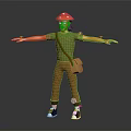 Character Wearing Red Hat Green T-Shirt with Brown Bag and Small Butterflies Around Outstretched Arms
