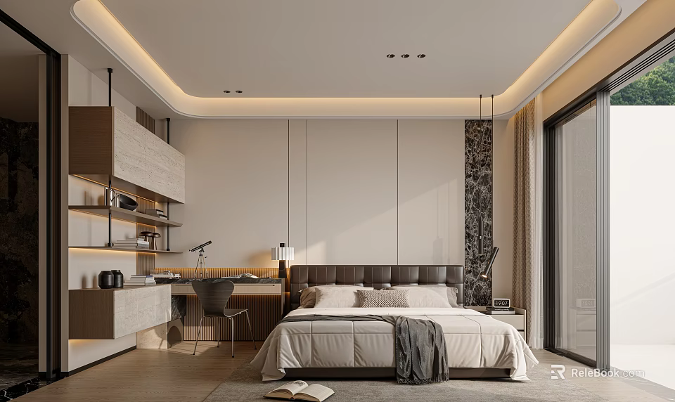 Modern Bedroom Interior Design With Bed Pillows Desk Bookshelf Nightstand And Decorative Wall 3d model 