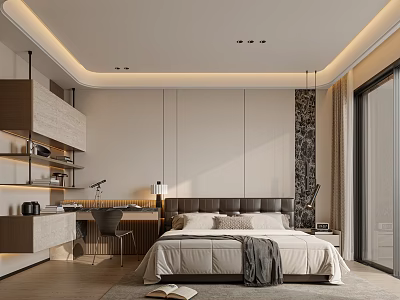 Modern Bedroom Interior Design With Bed Pillows Desk Bookshelf Nightstand And Decorative Wall 3d model