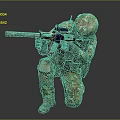 Game Movie Character In Camouflage Uniform With Helmet Kneeling On One Knee Holding Colorful Rifle
