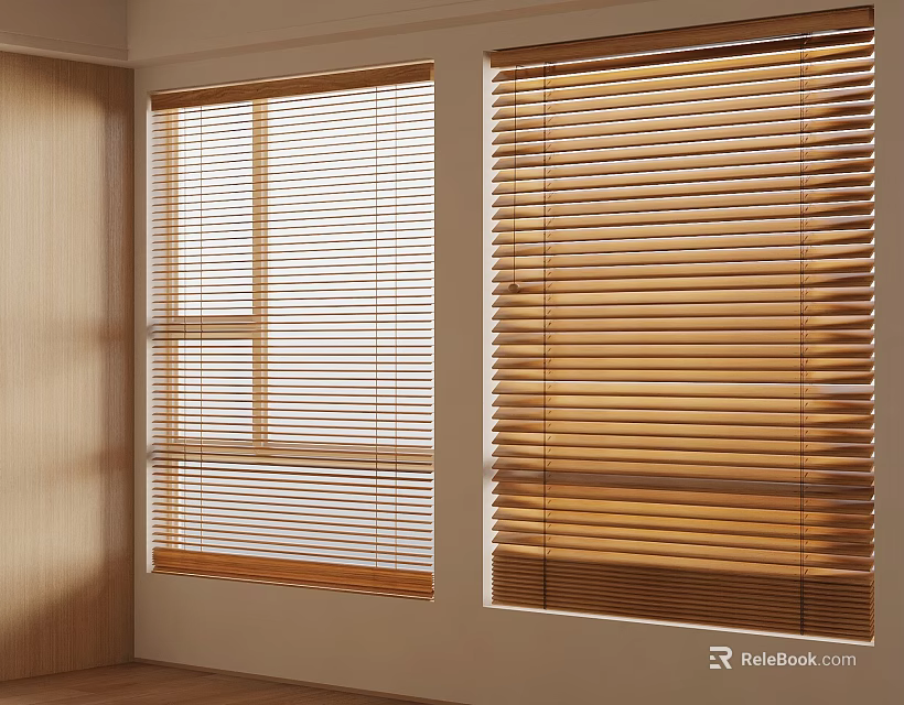 Wooden Blinds Covering Windows In Bright Interior With Light Walls And Natural Light 3d model 