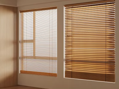 Wooden Blinds Covering Windows In Bright Interior With Light Walls And Natural Light 3d model