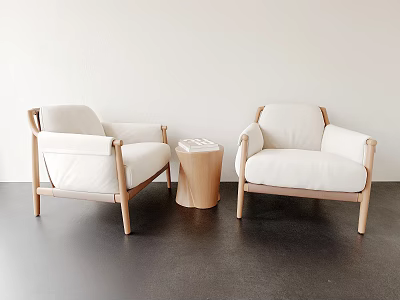Minimalist Modern White Upholstered Sofa With Wooden Frame And Round Coffee Table Set 3d model
