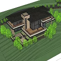 Modern Detached Villa with Large Glass Windows Stone Walls and Wooden Terrace in Wooded Mountains