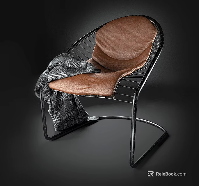 Stylish Leisure Chair With Black Metal Frame Brown Leather Seat And Gray Geometric Blanket 3d model 