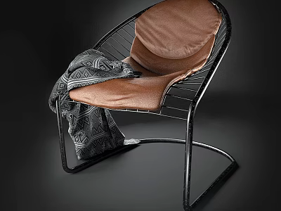 Stylish Leisure Chair With Black Metal Frame Brown Leather Seat And Gray Geometric Blanket 3d model