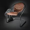 Stylish Leisure Chair With Black Metal Frame Brown Leather Seat And Gray Geometric Blanket
