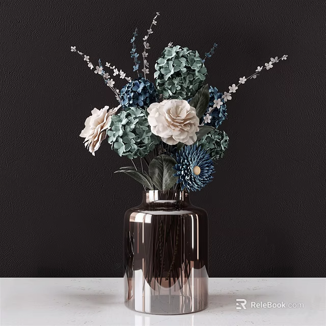 Elegant Glass Vase With Blue And White Flowers On Black Background 3d model 