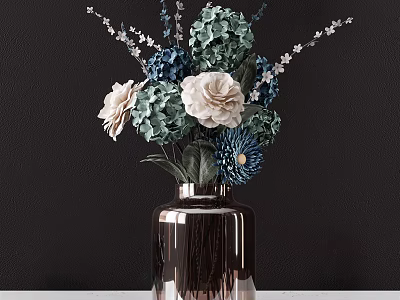 Elegant Glass Vase With Blue And White Flowers On Black Background 3d model
