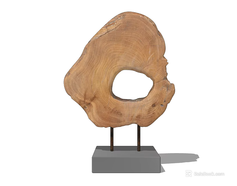 Wooden Slice Decorative Ornament Set with Circular Hole Metal Stand and Gray Square Base 3d model 