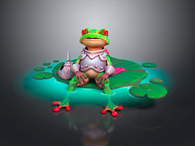 Colorful Game and Movie Character Frog Wearing Armor Sitting on Lily Pad in Water 3d model