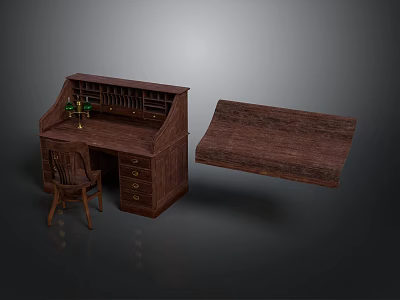 Dark Brown Wooden Desk With Drawers Wooden Chair Candlestick And Wooden Top Detail 3d model