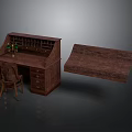 Dark Brown Wooden Desk With Drawers Wooden Chair Candlestick And Wooden Top Detail