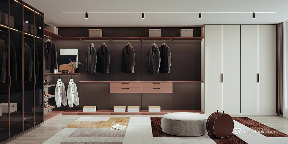 Contemporary Walk in Closet Interior With Hanging Rails Drawer Cabinets Storage Boxes And Ceiling Spotlights 3d model 