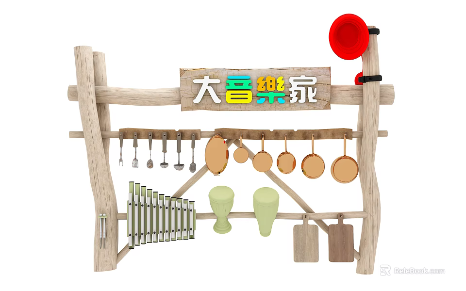 Interactive Music Themed Play Zone With Wooden Structure Bells Xylophone And Drums 3d model 