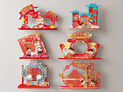 Chinese New Year Red 3D Decorations With Fortune Characters And Cartoon Figures 3d model