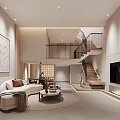 Modern Living Room Interior With Neutral Tones Staircase Fireplace Sofa And Warm Lighting