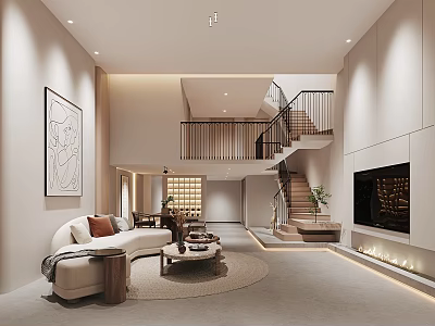 Modern Living Room Interior With Neutral Tones Staircase Fireplace Sofa And Warm Lighting 3d model
