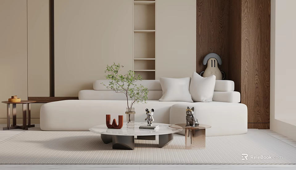Modern White Three Seater Sofa With Small Plant Coffee Table And Wooden Shelves 3d model 