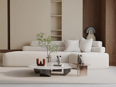 Modern White Three Seater Sofa With Small Plant Coffee Table And Wooden Shelves 3d model