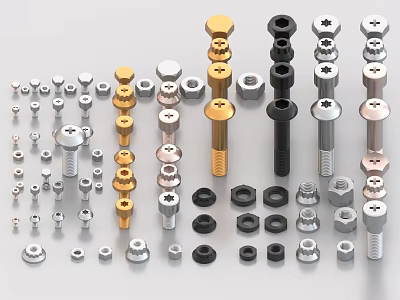Assorted Metal Fasteners With Various Colors Including Bolts Nuts And Screws On White Background 3d model