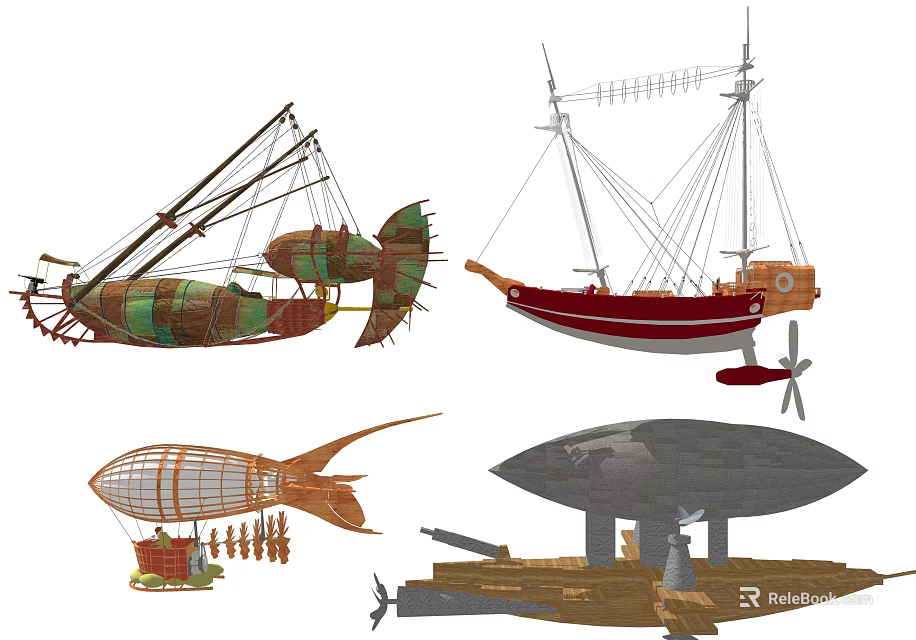 Diverse Airships And Vessels With Balloon Structures Sail Masts And Cannon Details 3d model 