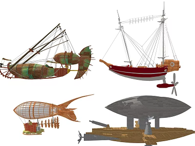 Diverse Airships And Vessels With Balloon Structures Sail Masts And Cannon Details 3d model